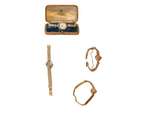 A lady's 9 carat gold J W Benson wristwatch, with J W Benson box; a lady's 9 carat gold Rotary wristwatch; a lady's plated Ro