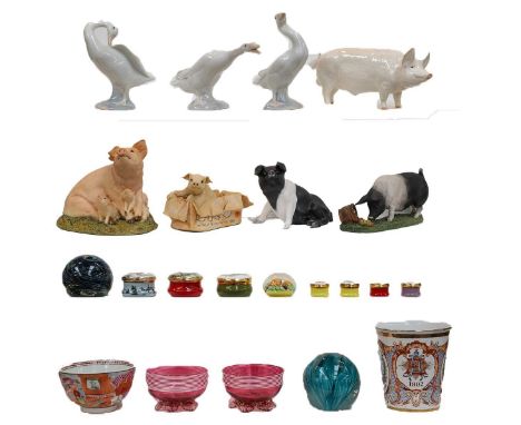 Three Lladro geese, two Halcyon Days enamel boxes, early 19th century tea bowl, Cranberry glass small bowls, pig figures by A