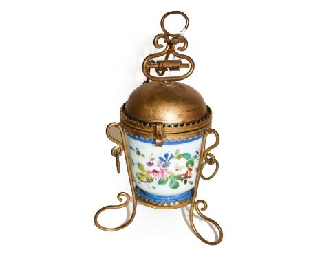 A Gilt-Metal Mounted Ceramic Trinket-Box, the ceramic body painted with flowers and with blue borders, on wire-work gilt-meta