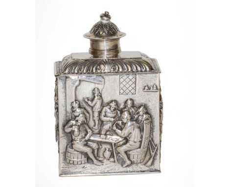 A Dutch silver tea caddy, by Gerardus Schoorl, 1910, oblong, the sides stamped with figures at play in landscapes or interior