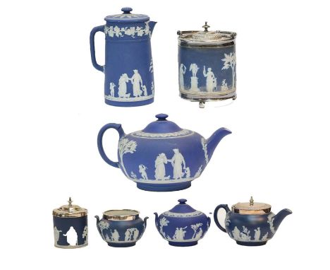 Wedgwood Jasperware teapot, jug, biscuit barrel, two sucriers and an Adams preserve pot (a.f.) (one tray)Condition report: Li