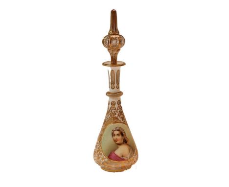 A 19th century Bohemian scent bottle painted with a gypsy and flowersCondition report: One small chip to the side of the stop
