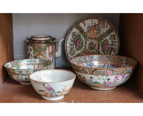 A 20th century Cantonese famille rose punch bowl, decorated with figures in a landscape with birds and flowers, printed mark 