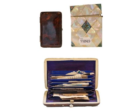 A Victorian parquetry inlaid mother of pearl and abalone shell card case; together with a similar Victorian tortoiseshell cas
