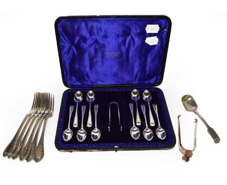 A collection of assorted silver and silver plate flatware, including: a set of six Austro-Hungarian silver forks, maker's mar