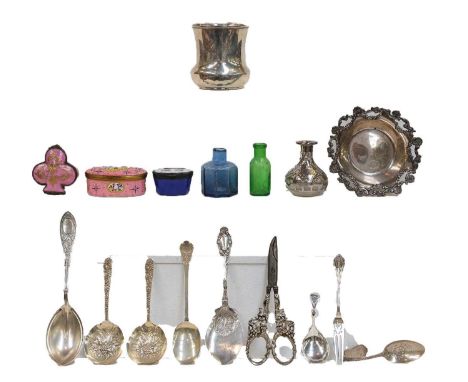 A collection of American and other silver, including: a christening mug; a dish with pierced rim; assorted flatware including