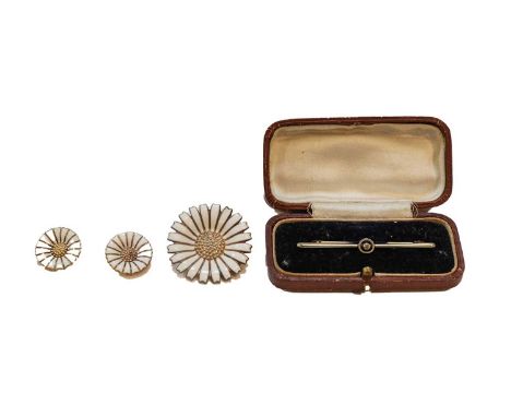 A diamond bar brooch, length 5.2cm; and a pair of silver gilt and enamel clip earrings and matching brooch, by Anton Michelso