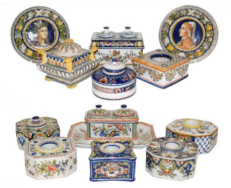 A collection of Continental faience, mostly Rouen and including a pair of portrait roundel plaques (two trays)