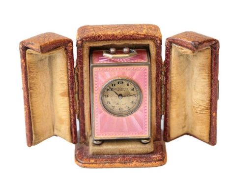 A miniature silver plated and pink enamel travelling timepiece, retailed by Wegelin Fils, pink guilloche enamel panels, top w