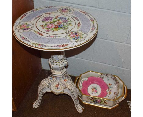 A 20th century floral decorated porcelain tripod table, with circular top above an acanthus decorated support with three cabr