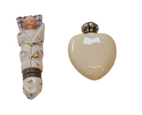 A Silver-Mounted Ceramic Scent-Bottle, heart-shaped and painted with a Knaresborough street view, with silver cap, together w
