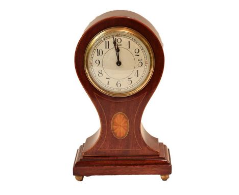 An Edwardian mahogany inlaid balloon shaped mantel timepiece, enamel dial with Arabic numerals, sibgle barrel movement with a