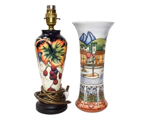 A Moorcroft Pottery lamp, 30cm high; and a Moorcroft Pottery Quayside pattern vase, circa 1999, designed by Debbie Hancock, n