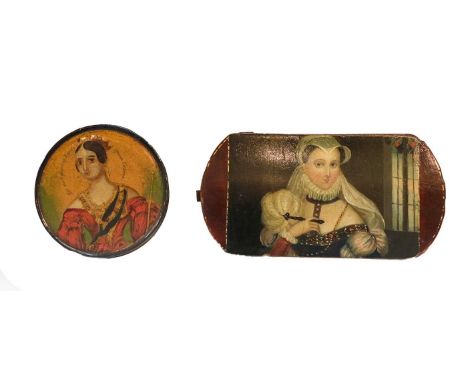 A papier-mache bonbonierre, the pull-off cover painted with a portrait of the young Queen Victoria, 7.5cm diameter; together 