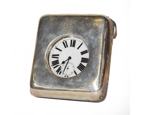 A silver-mounted pocket watch case, by William Comyns, London, 1900, oblong, engraved with initials, with easel-back, contain
