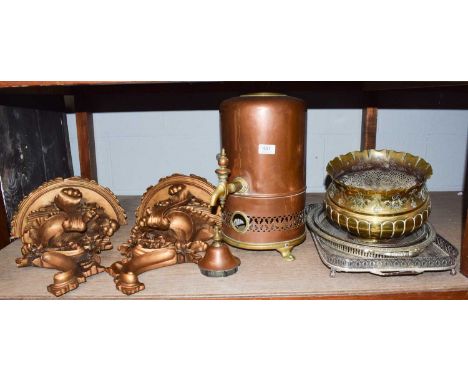 A pair of reproduction Rococo style wall brackets, a gilt metal magazine rack, various metalwares including set of cast kitch