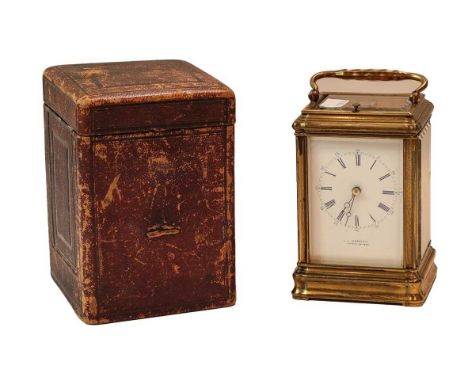 A brass striking and repeating carriage clock, signed Drocourt, retailed by Harrison, Stockton on Tees, circa 1890, twin barr