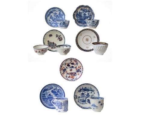 A quantity of late 18th and early 19th century English porcelain, tea and coffee wares including a Caughley teapot stand deco