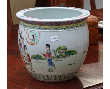 A 20th century Chinese planter with famille rose border, painted with a continuing landscape incorporating figures and with p