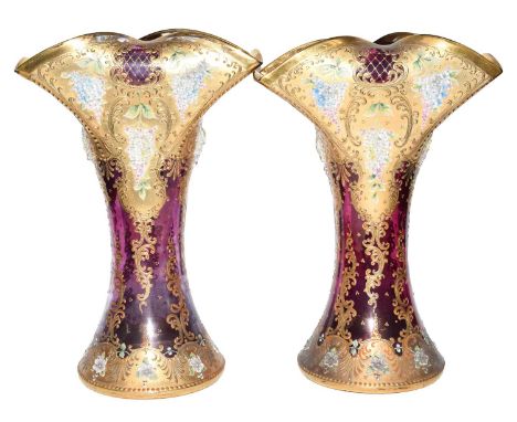A pair of Venetian Pauly &amp; C., amethyst glass and gilt vases of tapering form, decorated with applied flowers, one with a