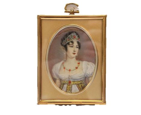 A portrait miniature, depicting an elegant lady, in gilt-metal frame and with suspension loop, the frame 11cm high excluding 
