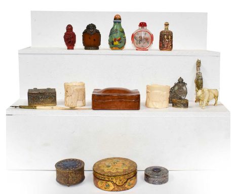 Five Chinese snuff bottles, including a Peking glass example painted inside and out, together with a rock crystal brass mount