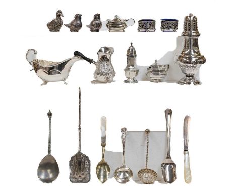 A collection of assorted silver and silver plate, the silver including: a sauceboat; a caster; a cream jug with side handle; 