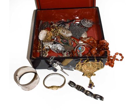 Two Art Nouveau style necklaces; an expanding bangle, stamped 'SILVER'; two silver hinged bangles; various cufflinks; plated 