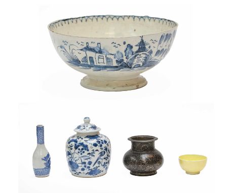 A late 18th century Pearlware bowl painted with a chinoiserie landscape, a Chinese covered jar, a Japanese bottle, a Royal Do