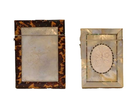 Two Victorian card cases, each oblong, one with a central carved mother-of-pearl plaque on each side and with tortoiseshell s