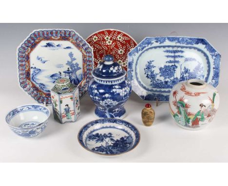 A small group of Chinese porcelain, 18th century and later, comprising a blue and white baluster jar and cover, decorated wit