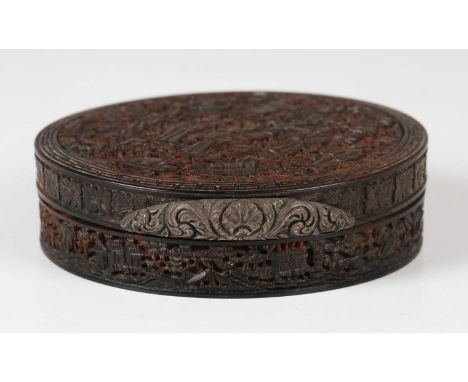 A Chinese Canton export tortoiseshell circular snuff box and cover, mid-19th century, finely carved in relief with figures, p