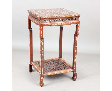 A Singaporean ivory inlaid hardwood two-tier table, late 19th century, the square top inlaid with a central scene of figures 