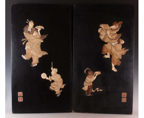 A pair of Japanese bone, ivory and mother-of-pearl inlaid rectangular lacquer panels, Meiji period, each depicting a dancing 