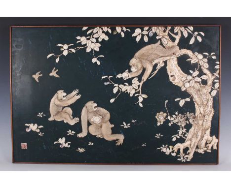 A Japanese inlaid lacquer blue ground rectangular panel, Meiji period, finely inlaid in carved and stained bone, ivory and mo