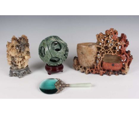 A Chinese jade handled and metal mounted magnifying glass, late 20th century, length 18.3cm, together with two Chinese soapst