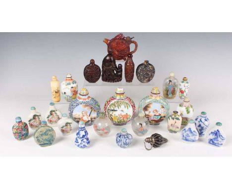 A collection of twenty-seven Chinese snuff bottles, 20th century, including seven enamel bottles, three inside-painted glass 
