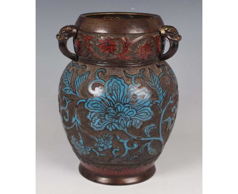 A Japanese brown patinated bronze and champlevé enamel vase, Meiji period, the ovoid body decorated with blue enamelled lotus