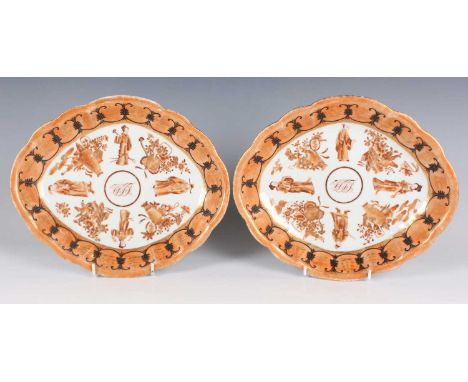 A pair of Chinese Canton export porcelain oval dishes, early 19th century, made for the American market, each painted in sepi