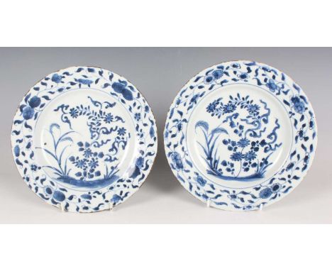 A pair of Chinese blue and white export porcelain plates, Kangxi period, each painted with flowers and leafy tendrils, diamet