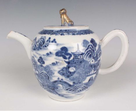 A Chinese blue and white export porcelain teapot and cover, late Qianlong period, the ovoid body painted with pavilions and f