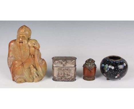 A Chinese carved soapstone figure of Shoulao, early 20th century, height 17.5cm, together with a Chinese plated metal box and