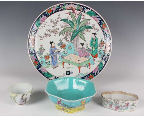 A Chinese famille rose porcelain teabowl, early 20th century, painted with a half-length study of a maiden at a window, iron 