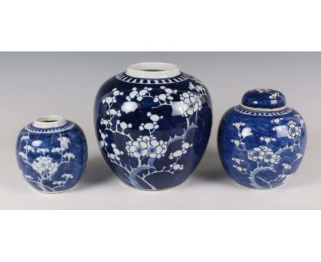 A Chinese blue and white porcelain ginger jar, mark of Kangxi but early 20th century, painted with prunus, underglaze blue fo