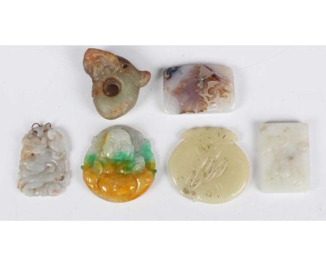 A group of six Chinese carved hardstone pendants, 20th century and later, including an agate rectangular pendant, carved with