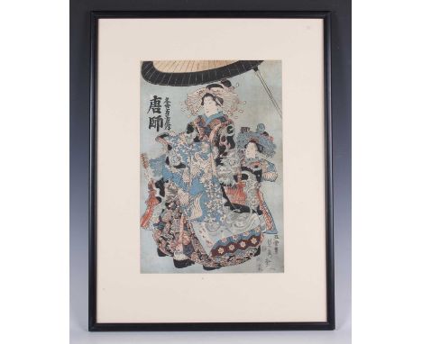 Utagawa Sadahide (1807-1873) - a Japanese oban tateye woodblock print depicting bijin beneath a parasol, 34.5cm x 23cm, frame