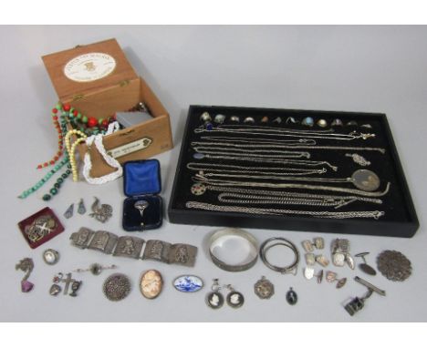 Interesting and varied collection of mainly silver costume jewellery to include an RMS Queen Mary butterfly wing ring, medal 