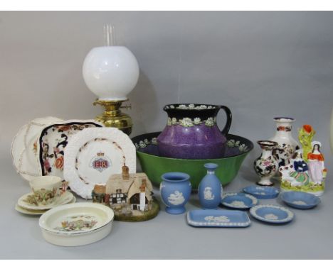 A collection of ceramics including a 19th century Staffordshire spill vase, a Bisto china jug and basin set, two Mason Mandal