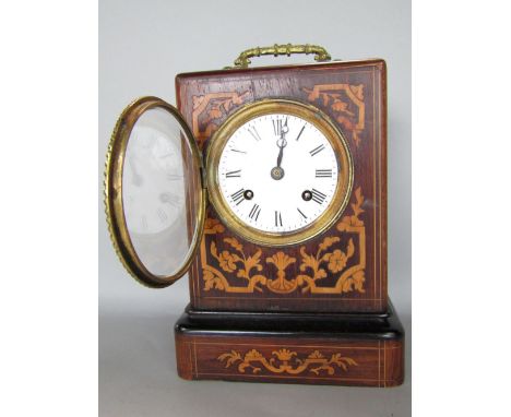 19th century rosewood and boxwood inlaid marquetry shelf clock, the enamel two train dial with ormolu bezel and carry handle,