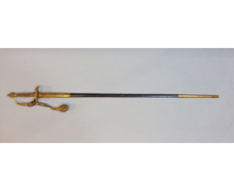 19th Century court sword with brass guard, hilt and pommel, with engraved steel blade, leather and brass mounted scabbard